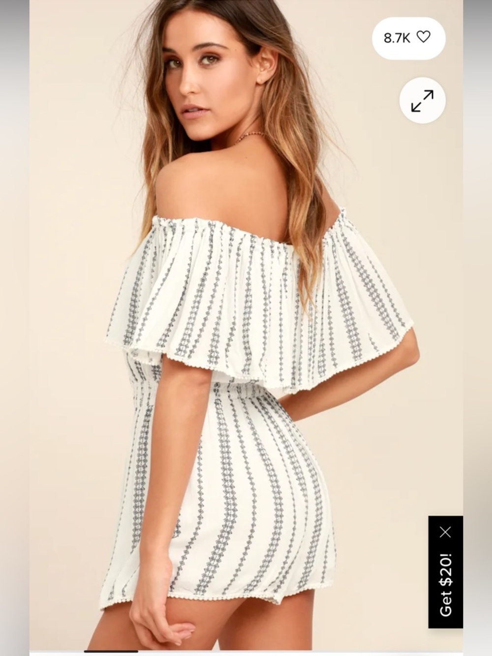 Lulu's off shoulder boho romper striped festival White Navy Embroidery summer S - Picture 4 of 13